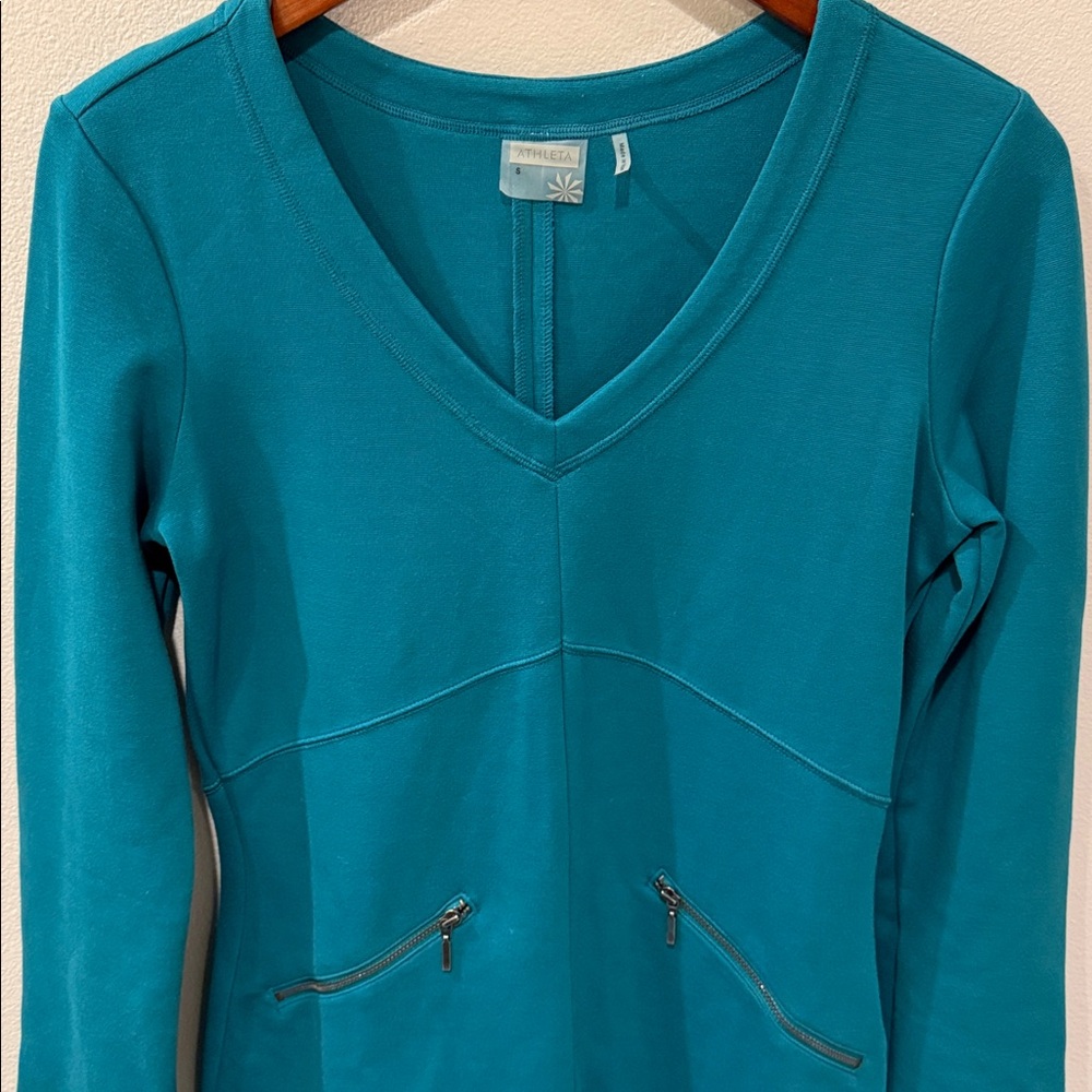 Athleta Teal Celebration Long Sleeve Ponte V-Neck dress